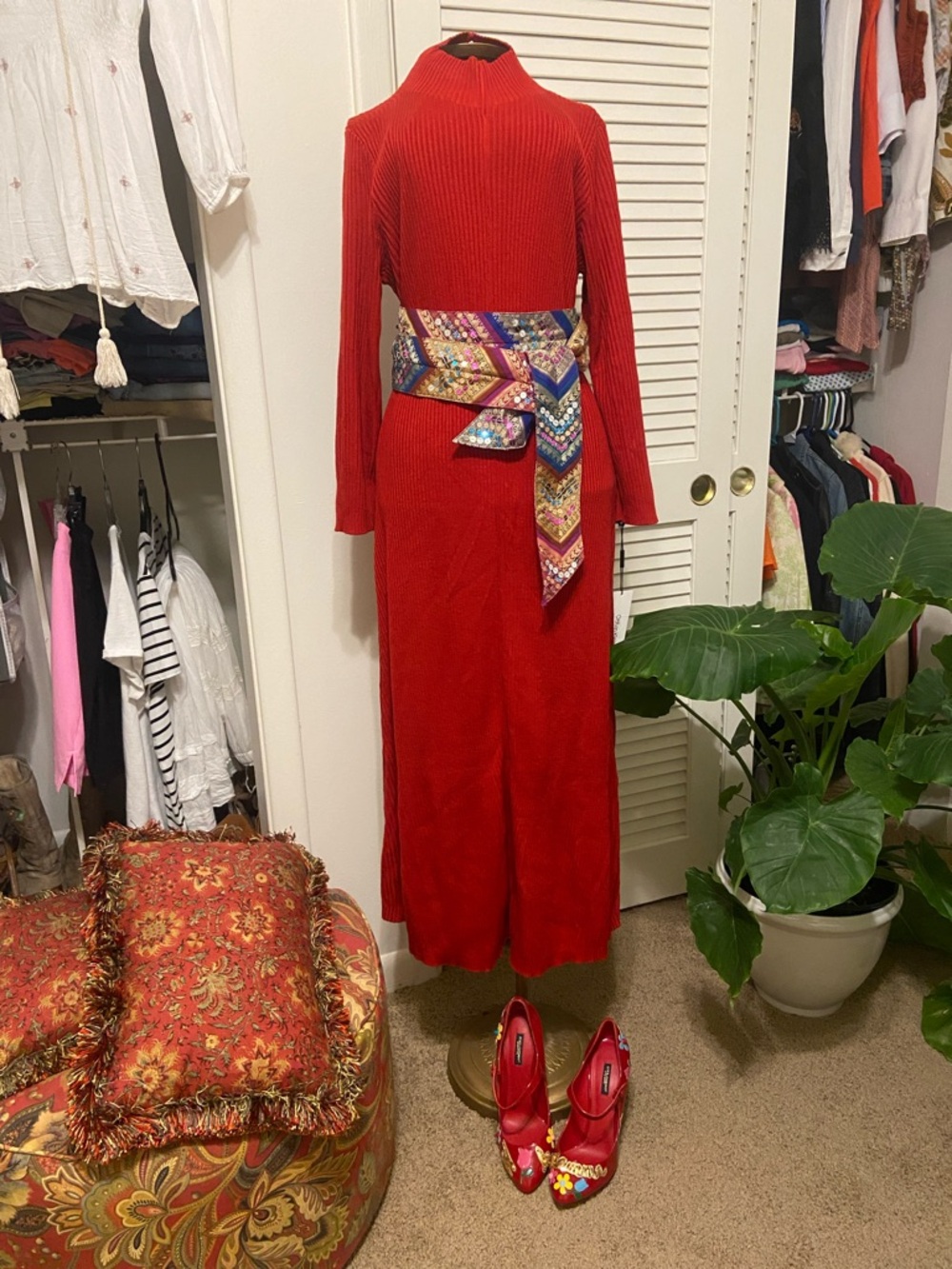 Calvin Klein Red Ribbed Midi Dress with Multicolor Sash
